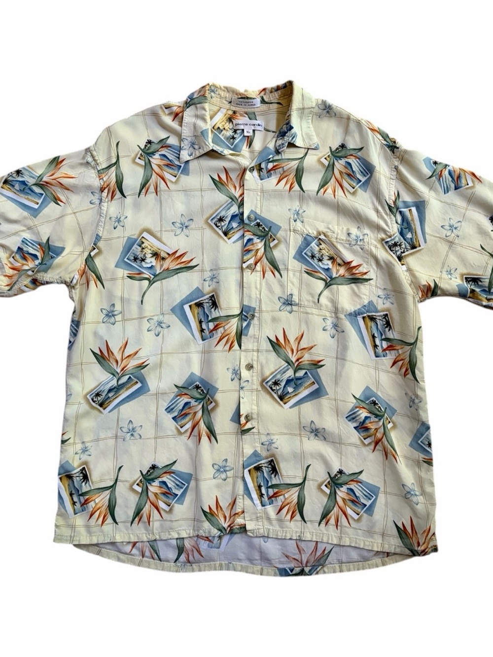 Pierre Cardin Mens Hawaiian Camp Shirt Size XL Palm Leaves Birds Of Paradise